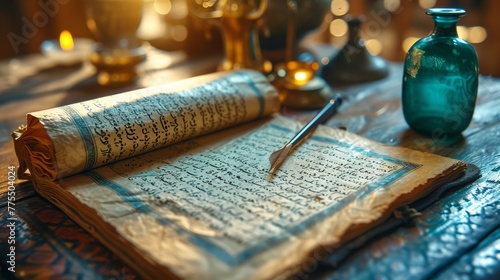 Manuscript pages of the Quran on an antique table with a quill pen and ink, symbolizing spiritual reflections and the study of sacred texts during Ramadan. ::3 --chaos 5 --ar 16:9 --seed 0 --quality 0