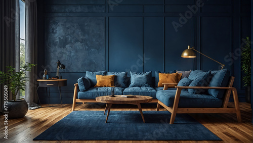 Stylish modern wooden living room has armchairs against the backdrop of an empty dark blue wall. AI generated © queen