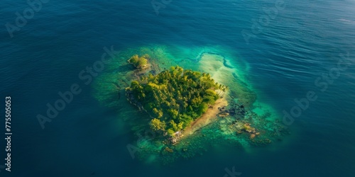 Aerial view of a small island surrounded by the vast blue sea © tashechka