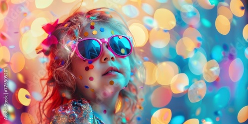 A young girl wearing sunglasses is covered in confetti, adding a playful touch to her appearance photo