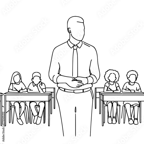 one teacher in a shirt and tie stands in a classroom with desks and students, one black vector line drawing on a white background