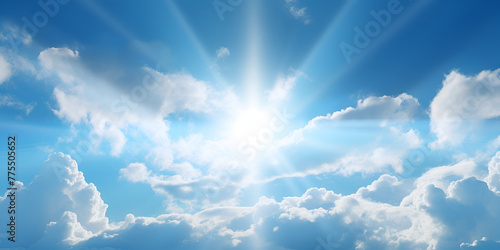sun and clouds  The sun rays breaking through the clouds in a vibrant blue sky  Blue sky background with tiny clouds and sun rays  A blue sky white clouds on nature summer weather  Generative AI