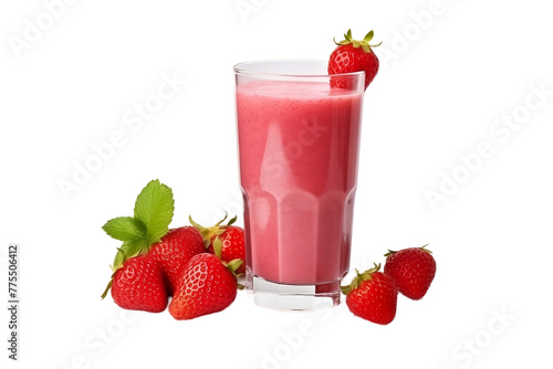 Tall Glass of Strawberry Juice with a Strawberry Realistic Portrait Isolated On PNG OR Transparent Background.