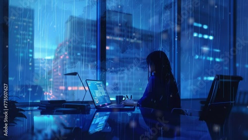 Girl office raining window thinking lofi animation. Created using Technology. Lofi photo