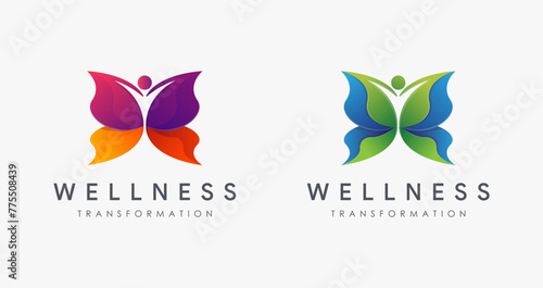 Abstract human butterfly transformation, wellness logo Icon vector template on white background