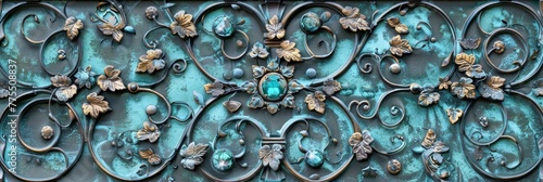 Aquamarine hued vines with leaves of gemstones wind their way through wrought iron gates, metal detailed with patina that gives the scene an aged timeless look created with Generative AI Technology