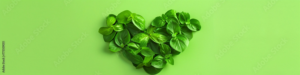 A heart-shaped green plant stands out against a vibrant green background in a flat style design illustration. Banner. Copy space. World Health Day. - obrazy, fototapety, plakaty 