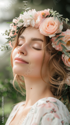 A woman with a crown of flowers on her head, showcasing beauty and nature