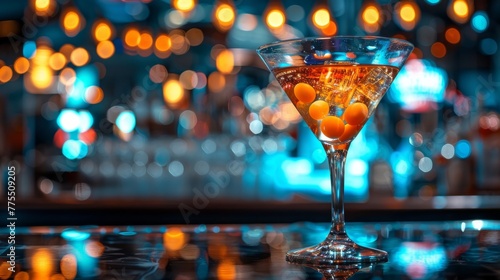Sparkling cocktail with strawberries garnished in a martini glass with vibrant bokeh lights in the background.