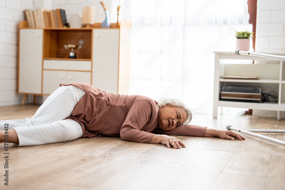 Asian senior elderly female fall on the ground while walk alone in house. Asian senior elderly female fall on the ground while walk alone in house.