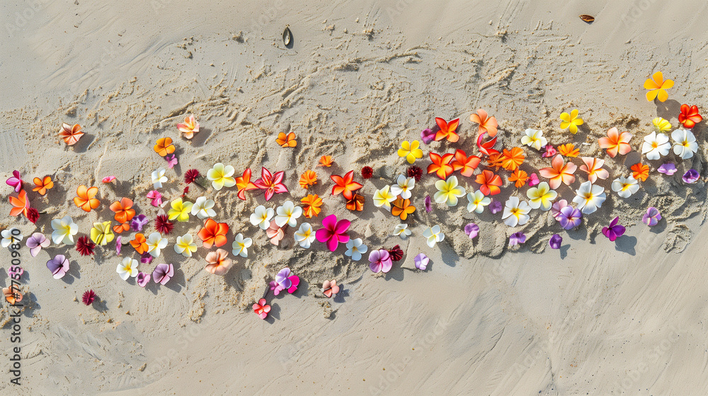 Group of vibrant flowers lying on sandy beach, adding color to the shoreline. Background.