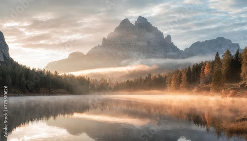 wonderful federa lake natural scenery during sunrise awesome landscape foggy dolomites alps with forest under sunlight travel in nature beautiful sunrise with lake and majestic mountains