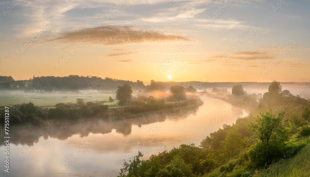 panorama of a summer landscape with sunrise fog and the river