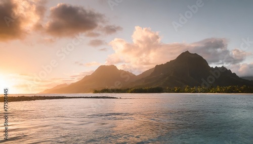 paradise island sunset with mountains and coral reefs french polynesia tahiti teahupoo