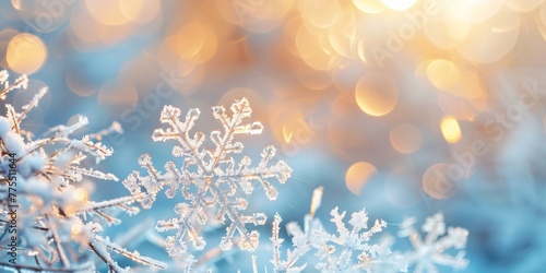 A detailed close-up of a snowflake with blurry lights in the background