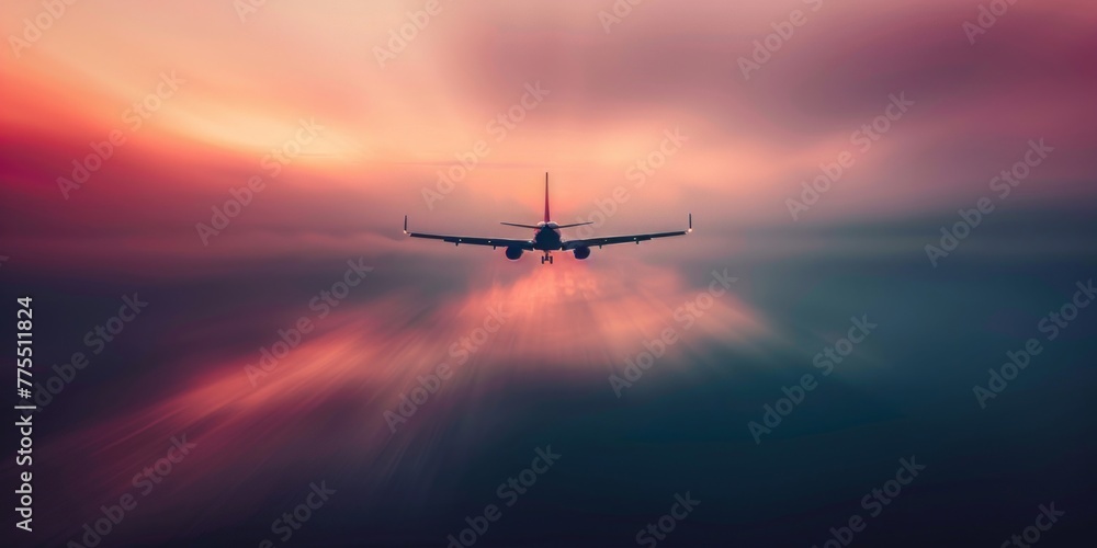 An airplane flies through the sky during sunset, with warm colors illuminating the scene An airplane flies through the sky during sunset, with warm colors illuminating the scene