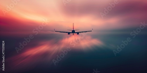 An airplane flies through the sky during sunset, with warm colors illuminating the scene © tashechka