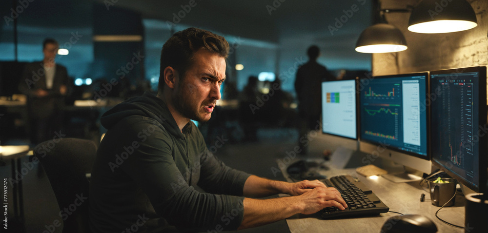 angry or angry man looking for revenge, anger and bullying or losses in trading or hatred of his job, mature man, young adult caucasian man with fingers on computer-keyboard