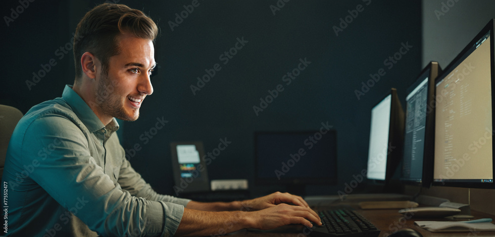 young adult caucasian man with fingers on computer-keyboard sits on a desk with multiple computer screens in a dark room or at late evening or early morning young adult caucasian man with fingers on computer-keyboard sits on a desk with multiple computer screens in a dark room or at late evening or early morning
