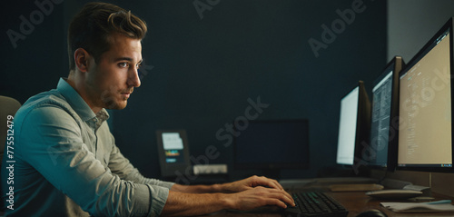 young adult caucasian man with fingers on computer-keyboard sits on a desk with multiple computer screens in a dark room or at late evening or early morning