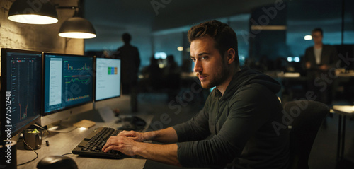young adult caucasian man with fingers on computer-keyboard sits on a desk with multiple computer screens in a dark room or at late evening or early morning photo