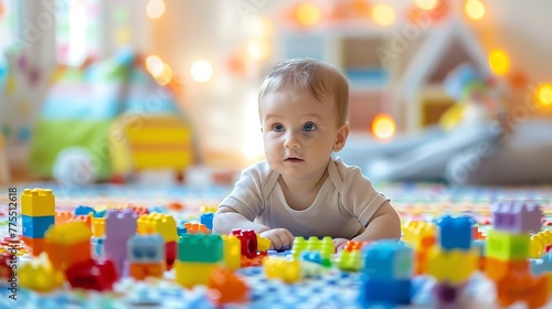 Little boy playing with colorful blocks on bedroom floor