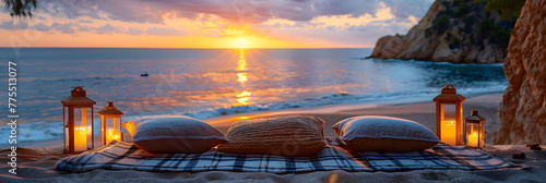 Cozy Picnic Set with Blanket and Pillows on Beach, Relaxing beach with view of the sunset and warm