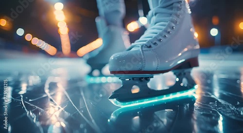 Speed skating rink shining under bright lights, close-up on a pair of skates