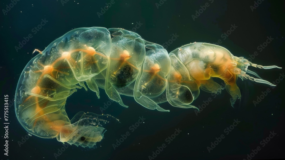 Obraz premium Ghostly image of a parasitic larvae undergoing metamorphosis its body contorted and changing as it prepares to latch onto a host.
