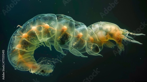 Ghostly image of a parasitic larvae undergoing metamorphosis its body contorted and changing as it prepares to latch onto a host. © Justlight