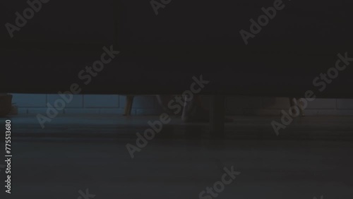 Shot of scary woman's feet walking under sofa in the darkn living room.  photo