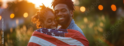 Happy people wrapped in American flags smiling and hugging each other. independence day  photo