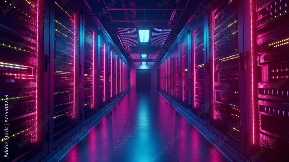 A high-tech server room filled with rows of vivid red and blue lights along a long hallway, creating a striking visual effect. Background. Neon.