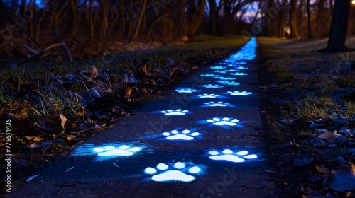 A dusky park walkway lit by blue illuminated dog paw prints. Background.