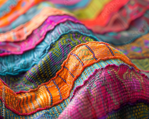 Close-up colorful woven fabric with intricate patterns.