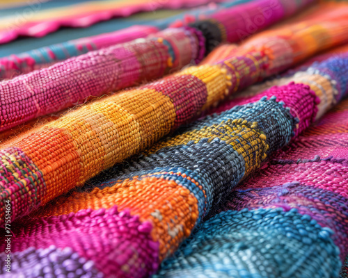 Close-up colorful woven fabric with intricate patterns.