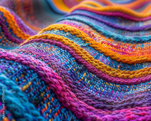 Close-up colorful woven fabric with intricate patterns.