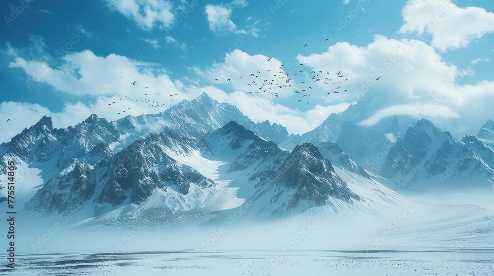 Flock of Birds over Snowy Mountain Range in Clouds