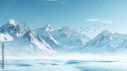 Birds Soaring Over Tranquil Snowy Mountainous Terrain