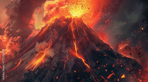 An illustration of a volcano erupting with ash and embers swirling around a towering peak in the center of the image. The perspective is from a birds eye view emphasizing