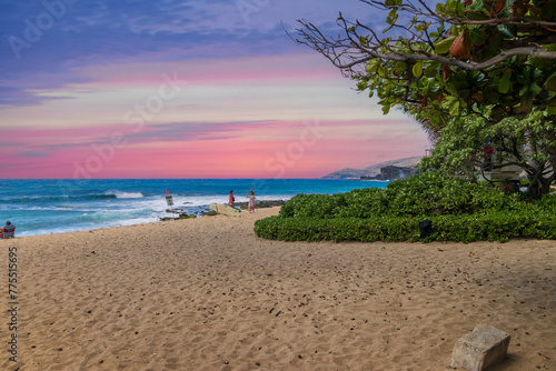 Fototapeta Naklejka Na Ścianę i Meble -  a beautiful spring landscape at Sandy Beach with blue ocean water, silky brown sand, people relaxing, palm trees in Honolulu Hawaii USA