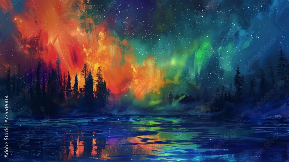 An explosion of vibrant colors highlighted by the subtle iridescence of ethereal aurora lights in the background.