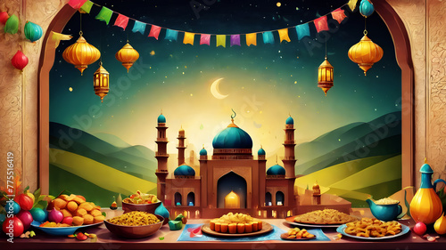 Illustrate a festive Eid Mubarak background filled with joyous gatherings of families and friends, enjoying delicious traditional foods and exchanging gifts