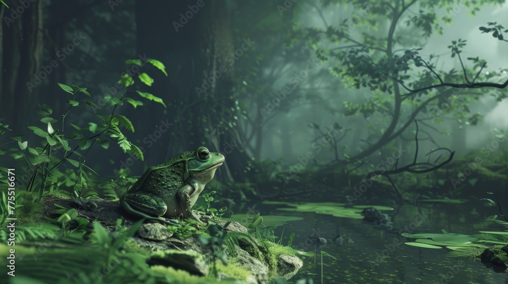 Fototapeta premium Futuristic forest scene with realistic green frog amidst beautiful dark green and grey details