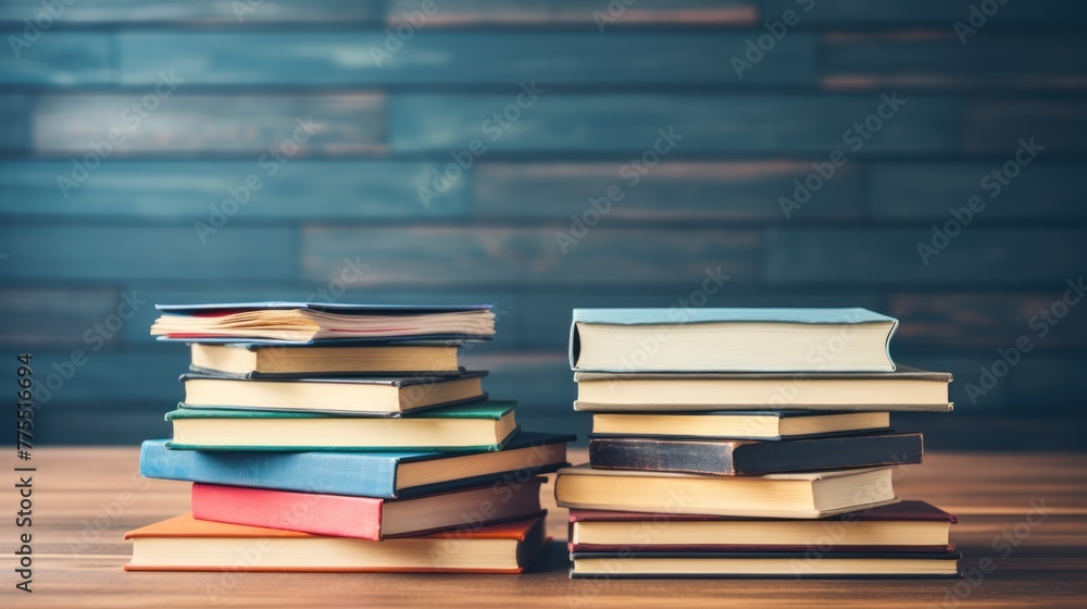 books on the wooden table in the classroom, books on the wooden table in the classroom,