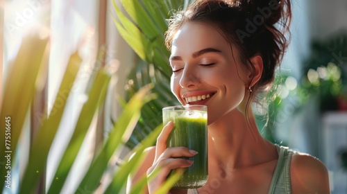 Portrait of a woman with a healthy drink, a happy woman with a green detox drink	 photo