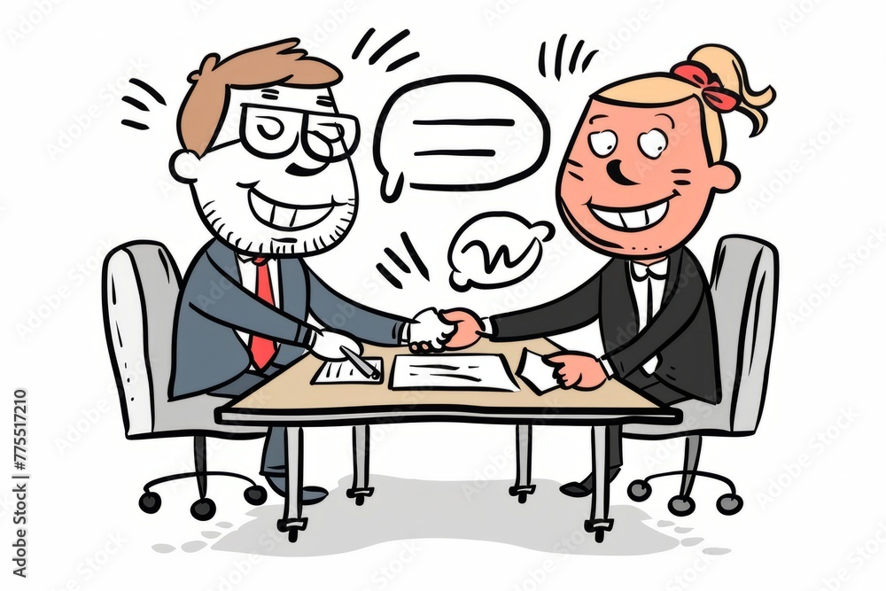 Cartoon cute doodles of a business negotiation, with characters shaking hands and signing contracts, sealing deals with a smile, Generative AI
