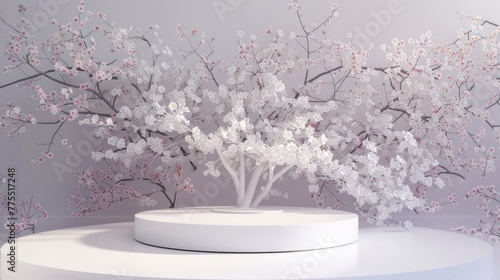 Against the backdrop of a picturesque fullblown cherry blossom tree the white podium stands as a symbol of beauty and grace. The intricately . .
