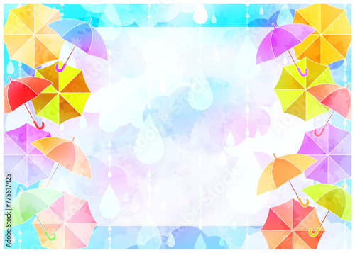梅雨、傘、空、背景、イラスト、かわいい、横型、フレーム、メッセージカード、水彩、カラフル