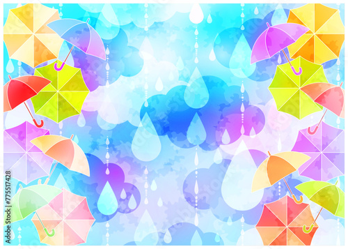 梅雨、傘、空、背景、イラスト、かわいい、横型、水彩、カラフル